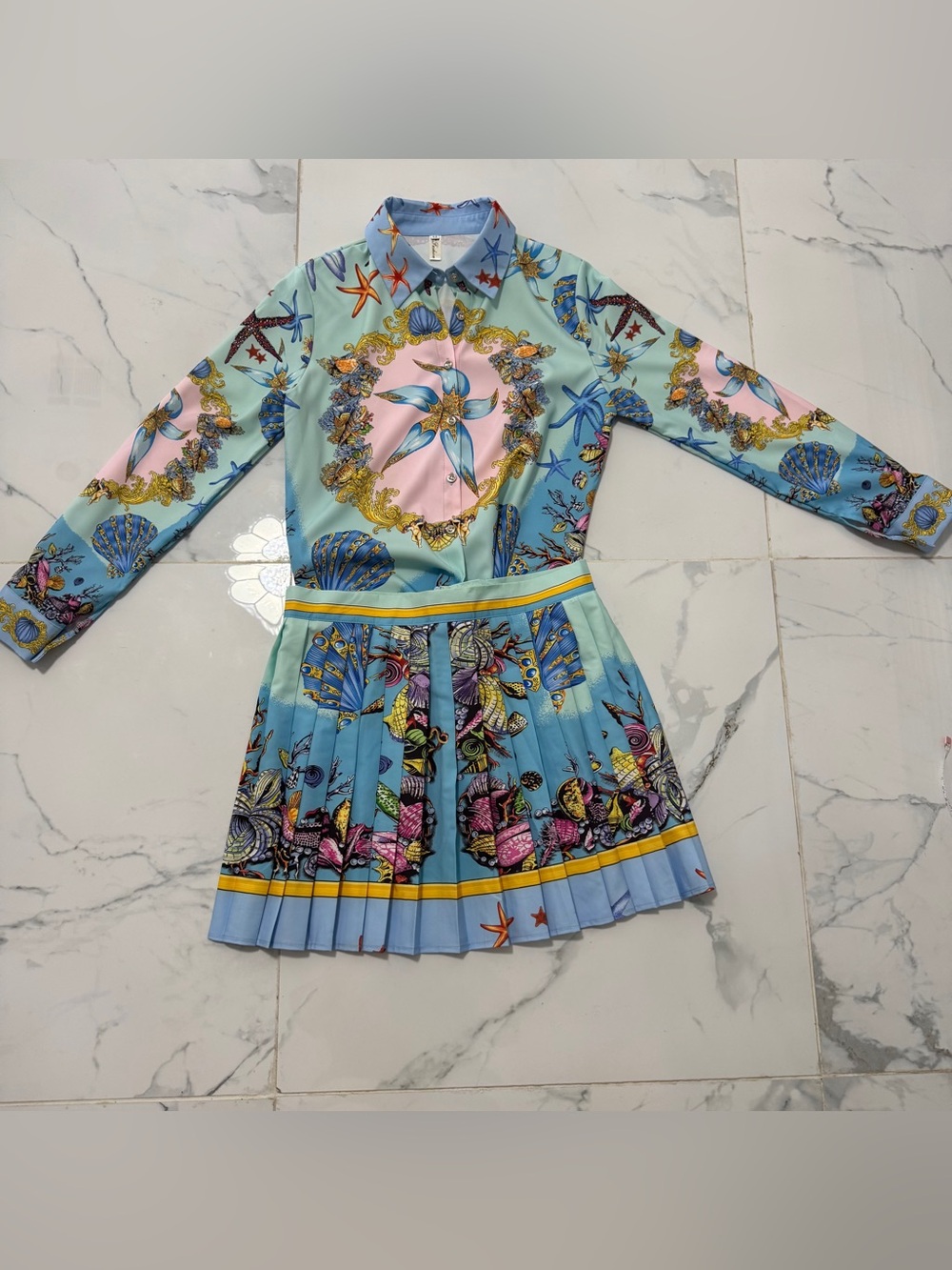 Girls' Sea-Life Print Pleated Dress - Light Blue and Pink size M
